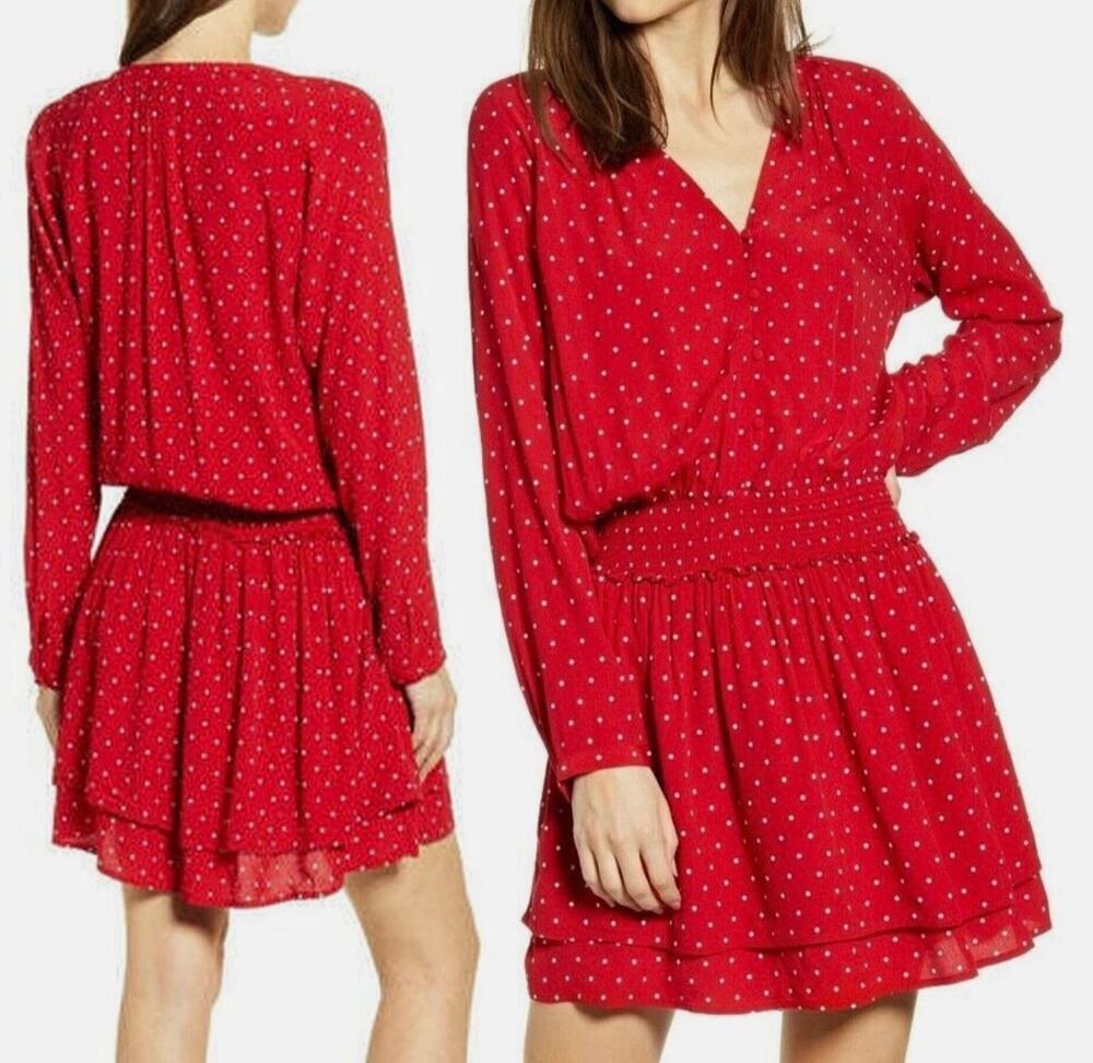 Rails Jamine Scarlett Dress Red Polka Dot Long Sleeve Smocking Small Boho